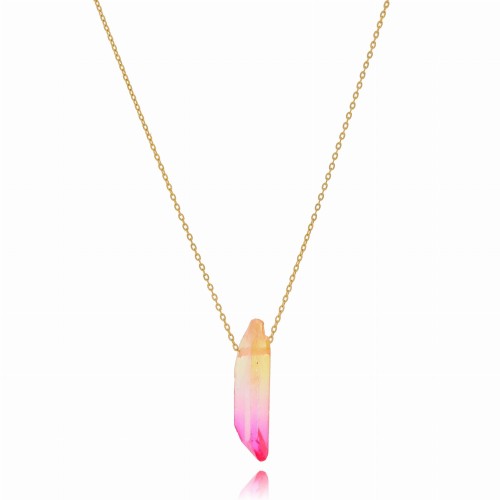 Naszyjnik stal szlachetna pozłacana kwarc barwiony różowo żółty