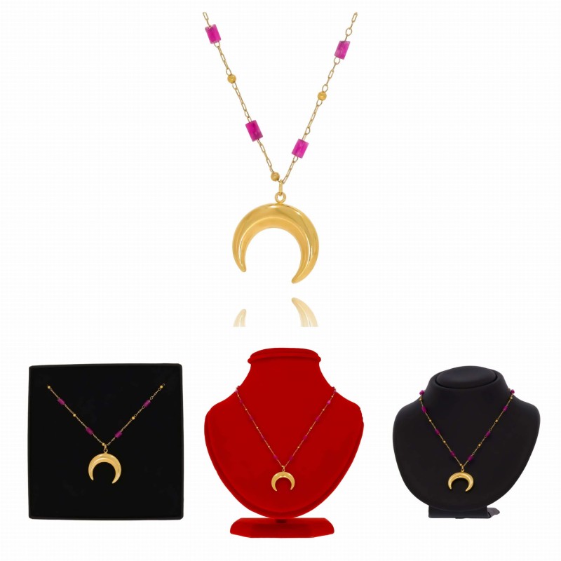 naszyjnik ze stali szlachetnej pozłacany różowe koraliki księżyc (3).jpg