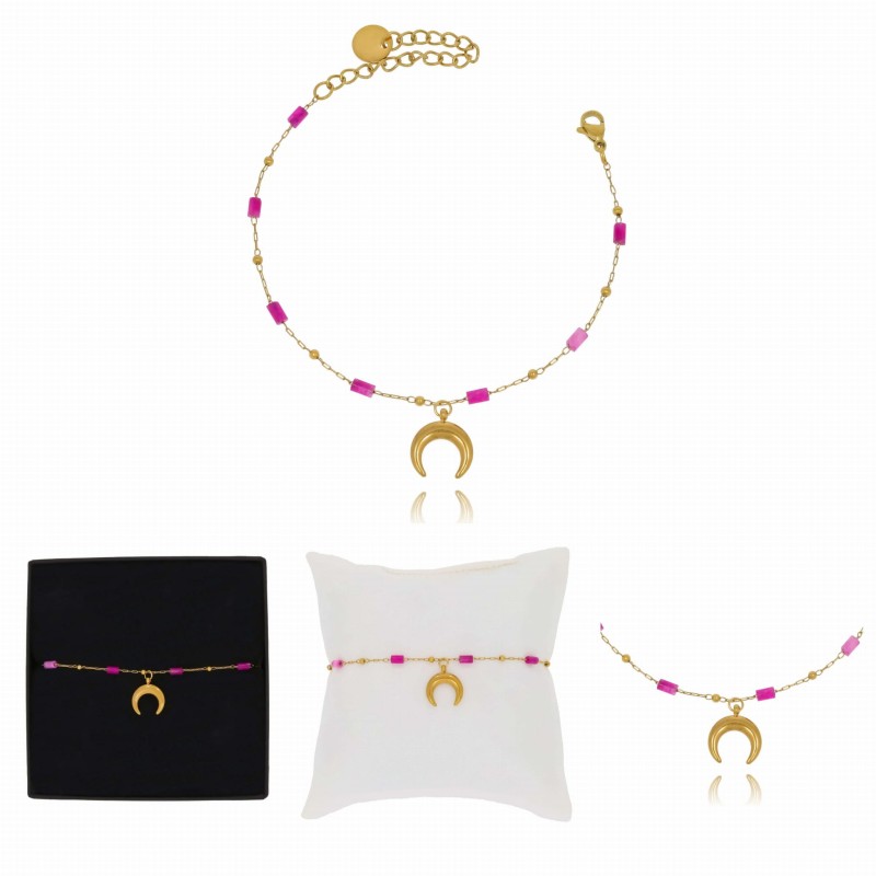 bransoletka ze stali szlachetnej pozłacane różowe koraliki księżyc- (1).jpg