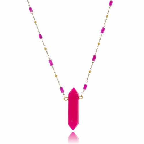 Naszyjnik stal pozłacana kwarc barwiony różowy intensywny