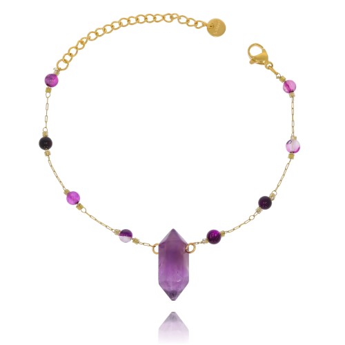 Bransoletka stal pozłacana kamień ametyst koraliki