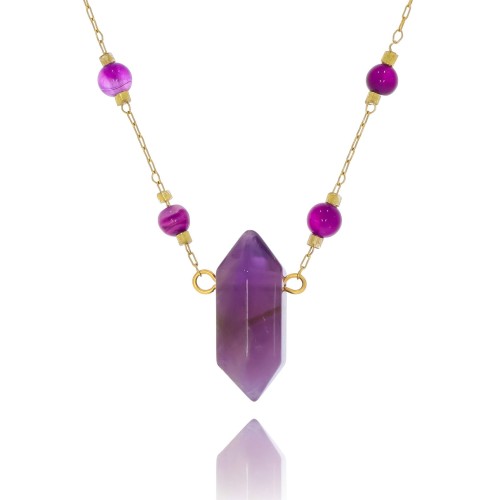 Naszyjnik stal pozłacana kamień ametyst kolor fioletowy koraliki