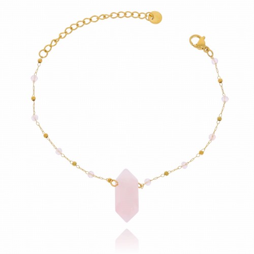 Bransoletka stal pozłacana kamień kwarc różowy koraliki 