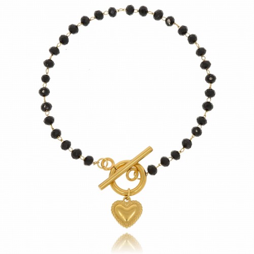 Bransoletka stal chirurgiczna koraliki czarne serduszko