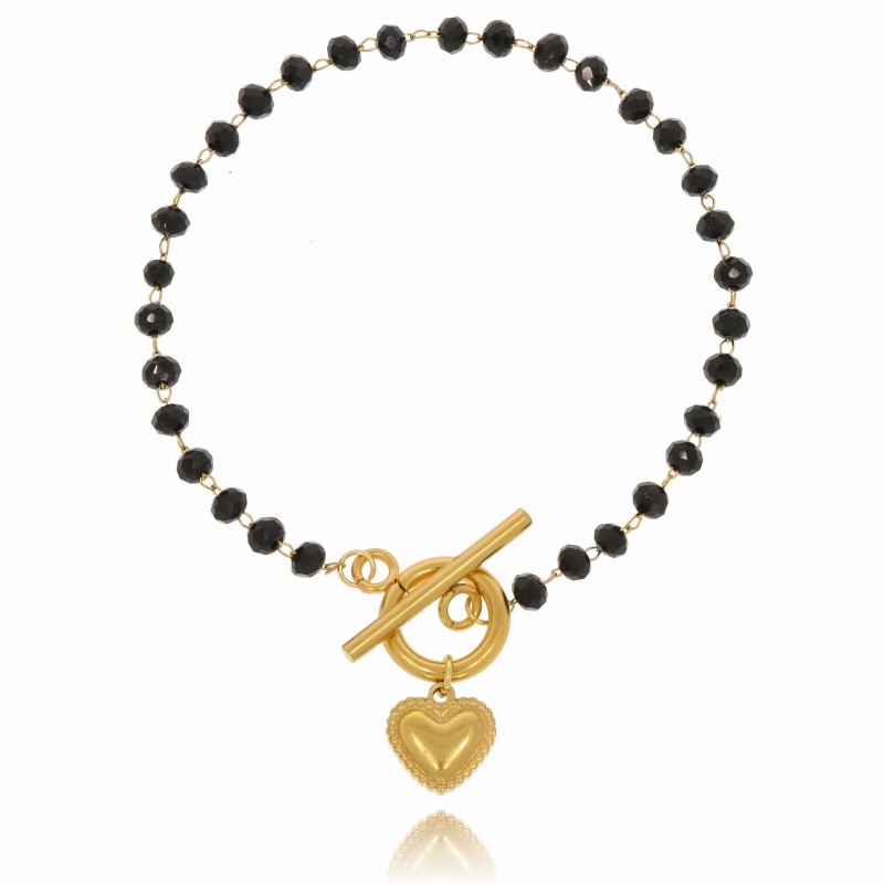 bransoletka stal pozłacana koraliki czarne serduszko