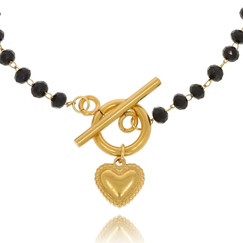 bransoletka stal pozłacana koraliki czarne serduszko