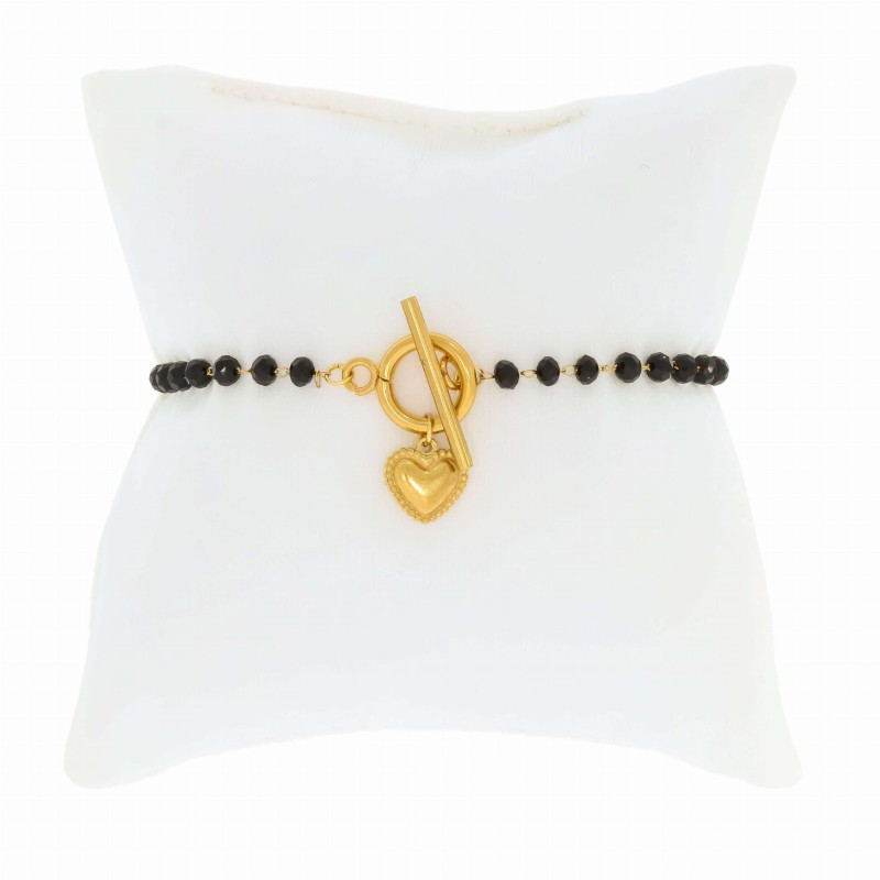 bransoletka stal pozłacana koraliki czarne serduszko