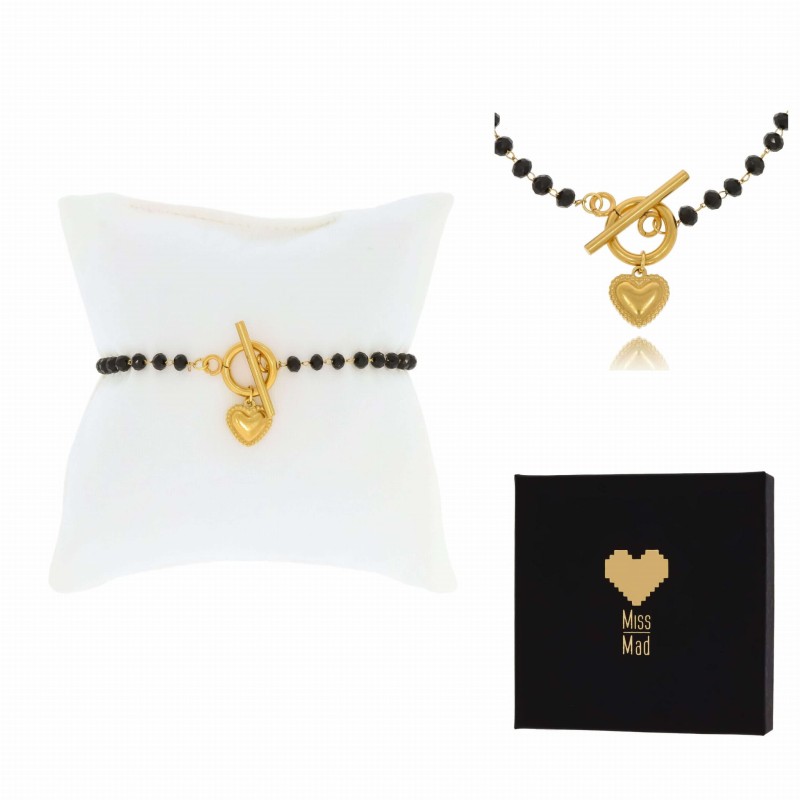 bransoletka stal pozłacana koraliki czarne serduszko