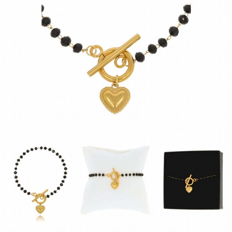 bransoletka stal pozłacana koraliki czarne serduszko