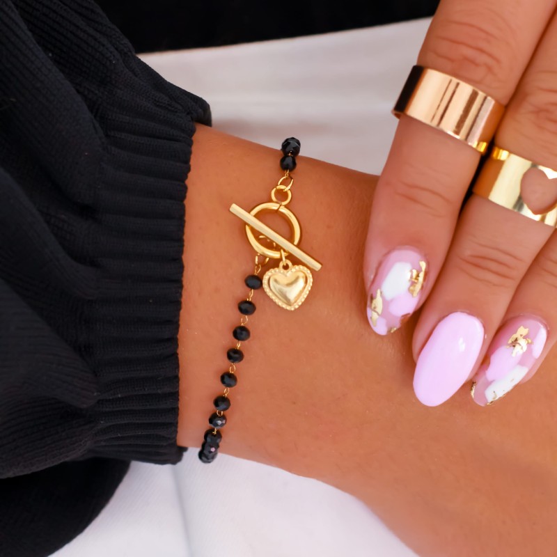 bransoletka stal pozłacana koraliki czarne serduszko