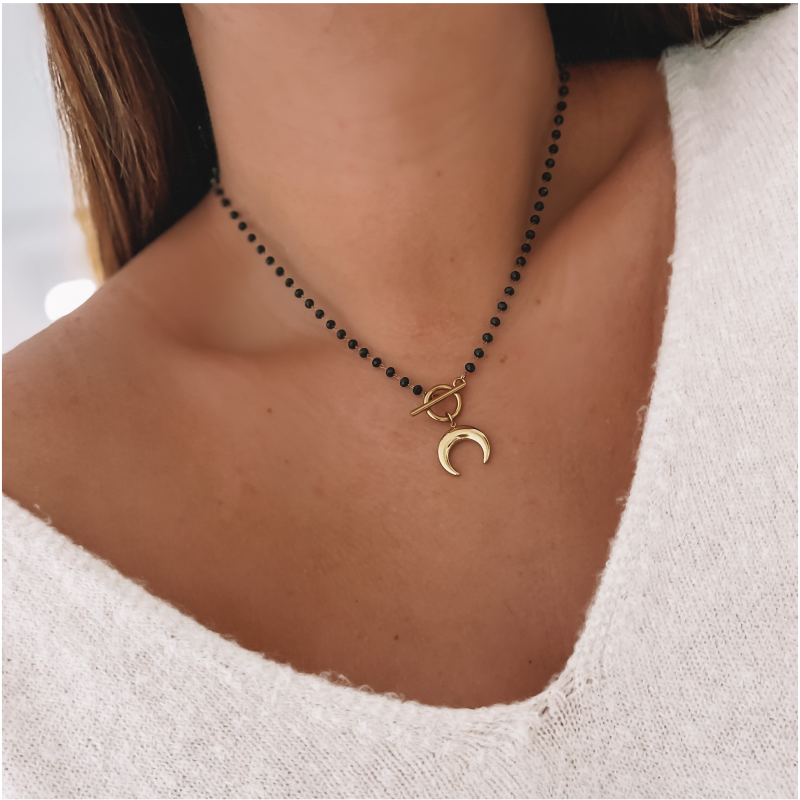 Naszyjnik stal chirurgiczna czarne koraliki księżyc