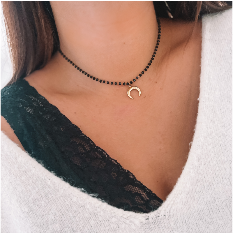 Naszyjnik stal chirurgiczna czarne koraliki księżyc moon