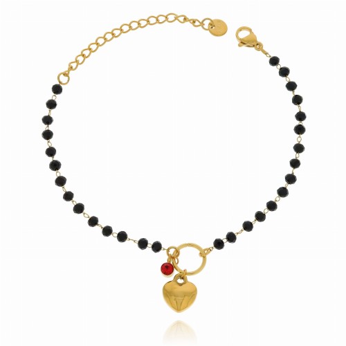 Bransoletka  stal chirurgiczna czarne koraliki serduszko granat