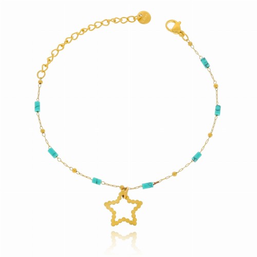 Bransoletka  stal chirurgiczna gwiazdka turkusowe koraliki