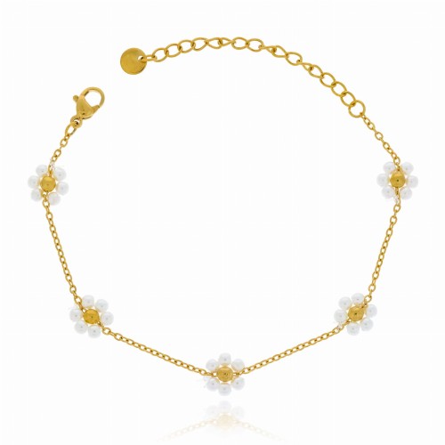 Bransoletka stal chirurgiczna kolor złoty kwiatki perłowe