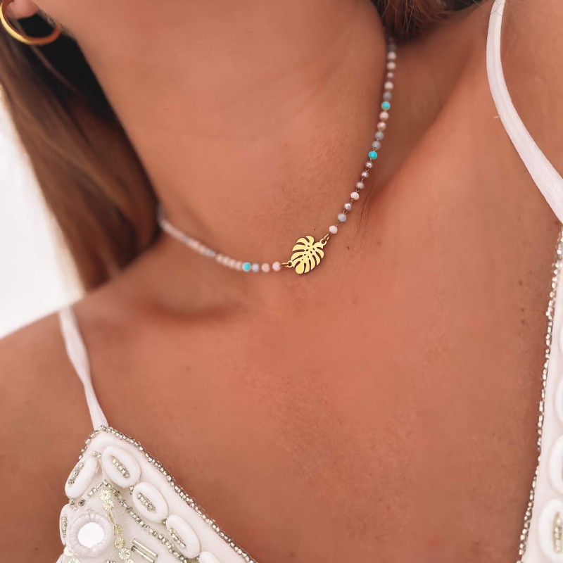 Naszyjnik ze stali koraliki monstera kolor złoty