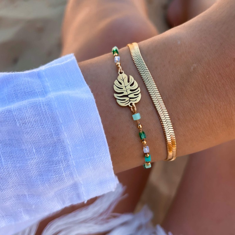 Bransoletka stal chirurgiczna koraliki zielone monstera kolor złoty