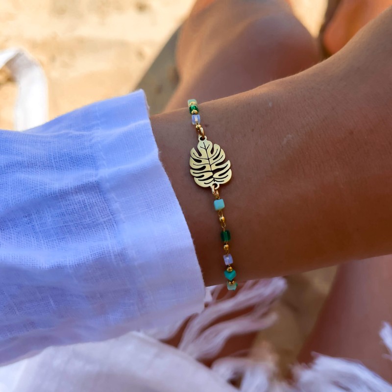 Bransoletka stal chirurgiczna koraliki zielone monstera kolor złoty