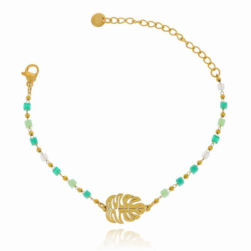 Bransoletka stal chirurgiczna koraliki zielone monstera kolor złoty