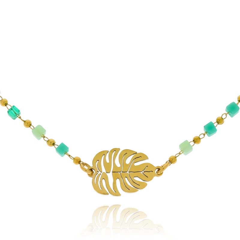 Bransoletka stal chirurgiczna koraliki zielone monstera kolor złoty