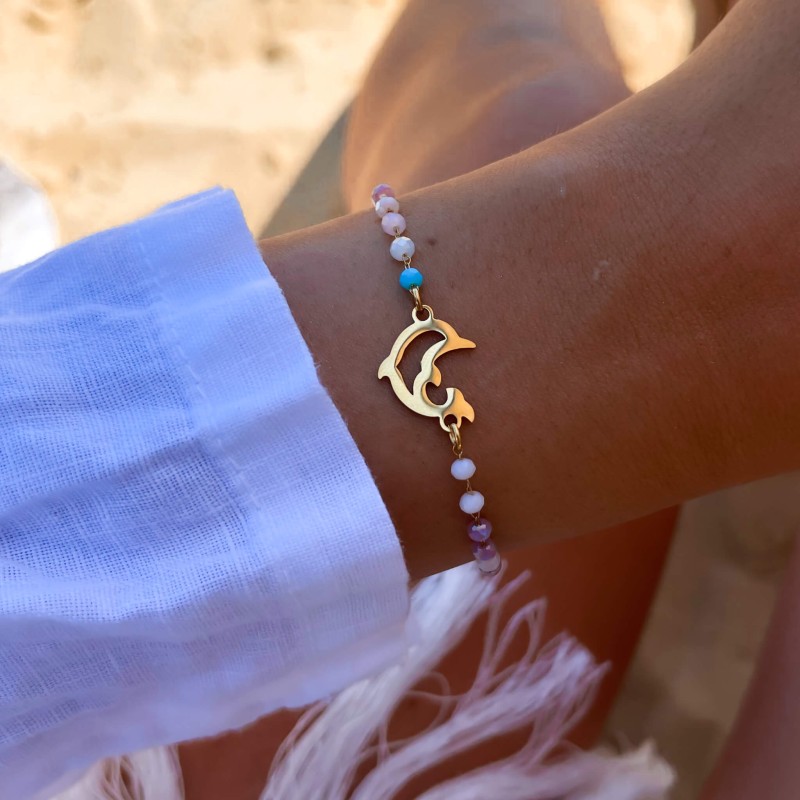 Bransoletka stal chirurgiczna koraliki delfin kolor złoty