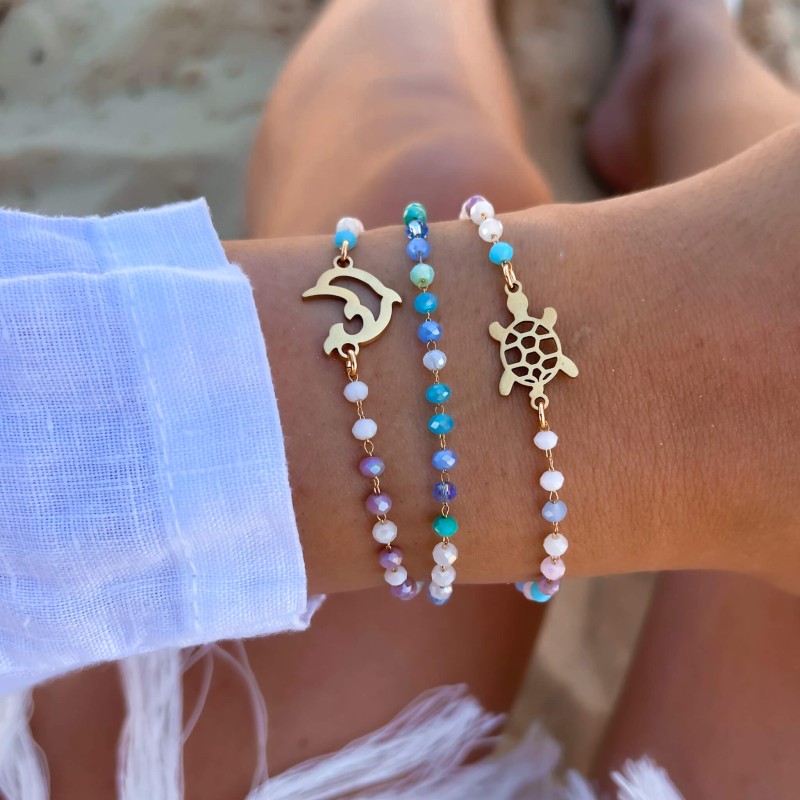 Bransoletka stal chirurgiczna koraliki delfin kolor złoty