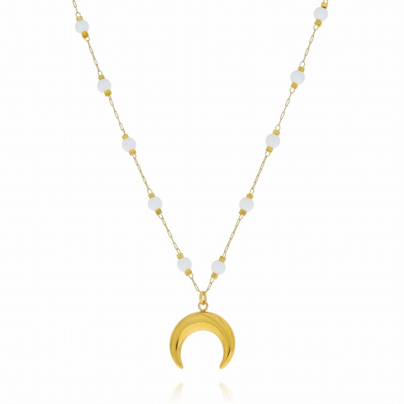 Naszyjnik ze stali księżyc kolor złoty białe koraliki