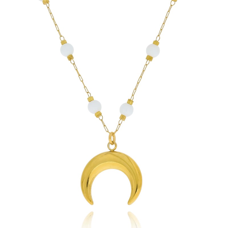Naszyjnik ze stali księżyc kolor złoty białe koraliki