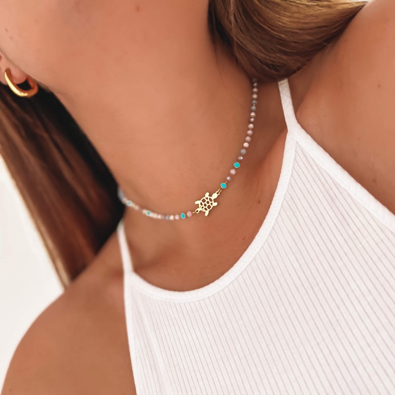 Naszyjnik z żółwiem ze stali mix koralików