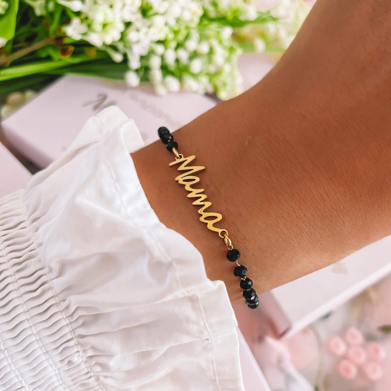 Bransoletka stal chirurgiczna koraliki napis mama