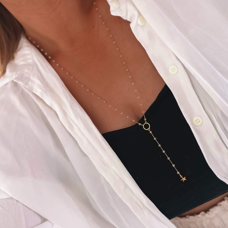 Naszyjnik ze stali  kolor złoty gwiazdka kryształki body chain