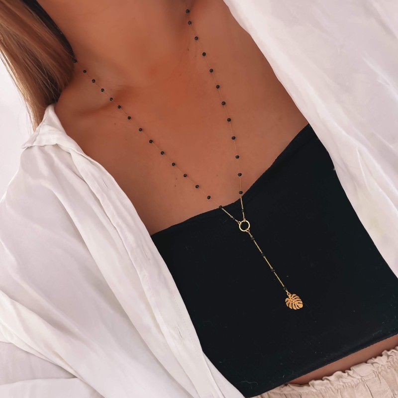 Naszyjnik ze stali  kolor złoty monstera czarne koraliki body chain- (3).jpg