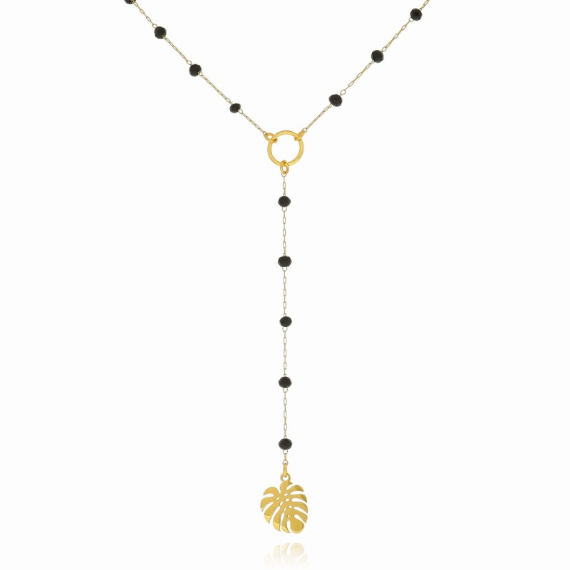 Naszyjnik ze stali  kolor złoty monstera czarne koraliki body chain