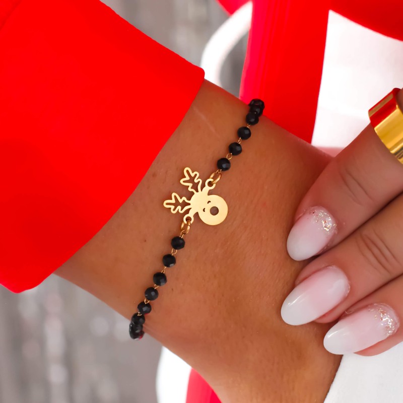 Bransoletka stal chirurgiczna  koraliki kolor czarny jelonek kolor złoty