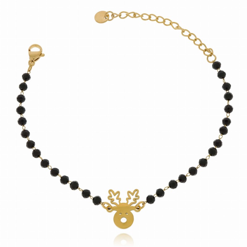 Bransoletka stal chirurgiczna  koraliki kolor czarny jelonek kolor złoty