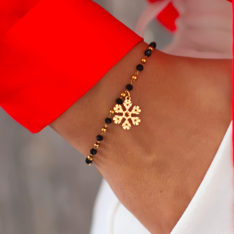 Bransoletka stal chirurgiczna  koraliki kolor czarny śnieżynka kolor złoty