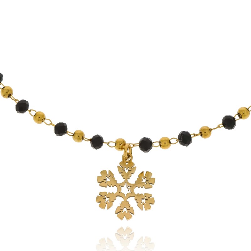 Bransoletka stal chirurgiczna  koraliki kolor czarny śnieżynka kolor złoty