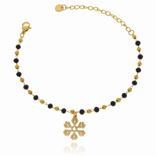 Bransoletka stal chirurgiczna  koraliki kolor czarny śnieżynka kolor złoty 