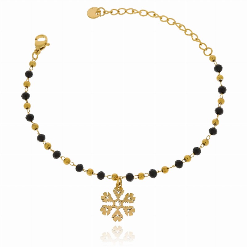 Bransoletka stal chirurgiczna  koraliki kolor czarny śnieżynka kolor złoty