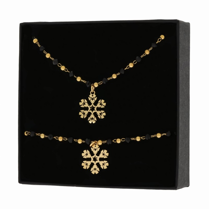 Bransoletka stal chirurgiczna  koraliki kolor czarny śnieżynka kolor złoty