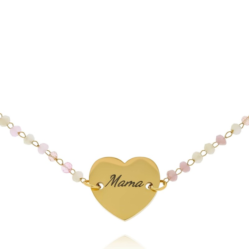 Bransoletka ze stali chirurgicznej z grawerem personalizowany napis mama różowe koraliki