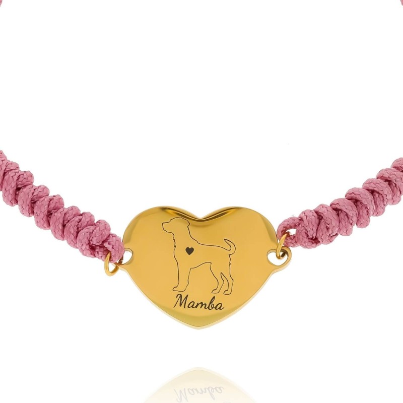 Bransoletka na różowym sznurku serce grawer imienia personalizowana
