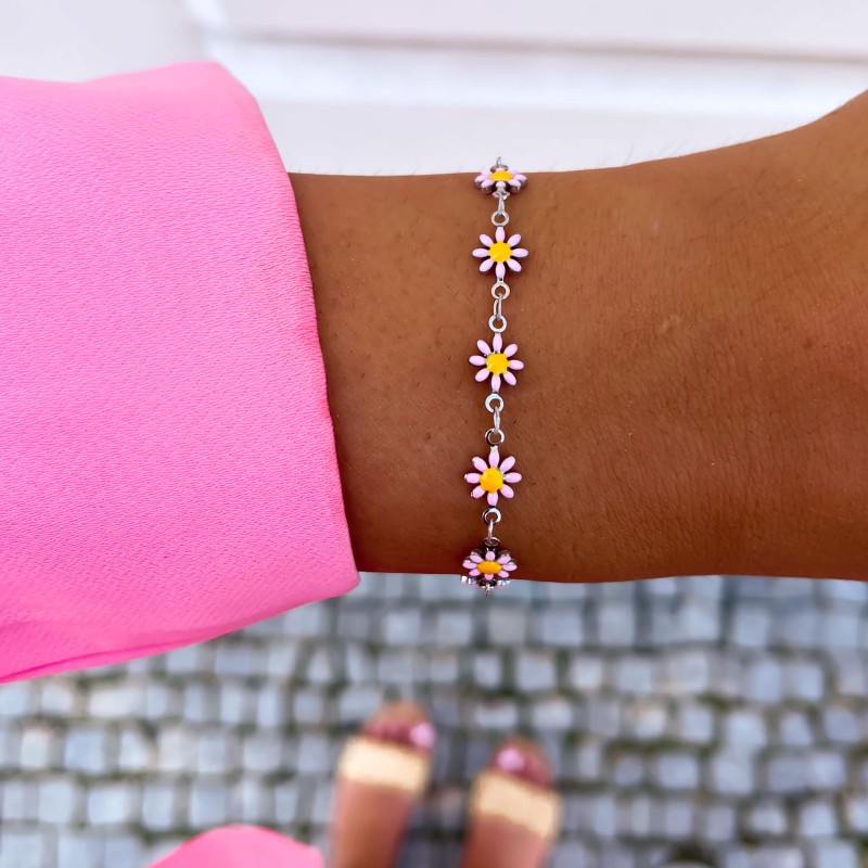 Bransoletka ze stali chirurgicznej srebrnej emalia stokrotki kwiatek różowy żółty