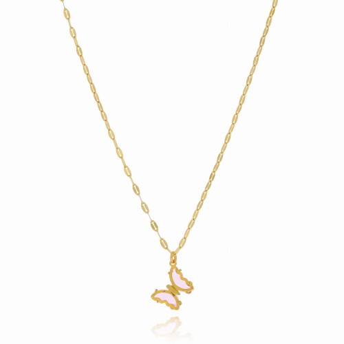 Naszyjnik z motylkiem różowym stal chirurgiczna kolor złoty 