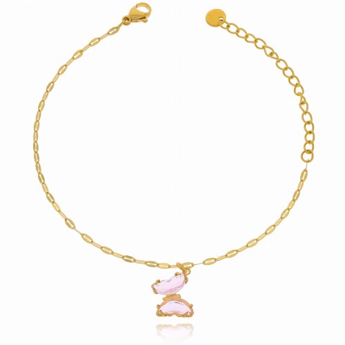 Bransoletka z różowym motylkiem stal szlachetna 