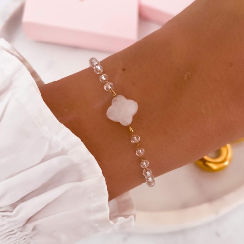 Bransoletka z kwiatkiem kryształ górski stal koraliki