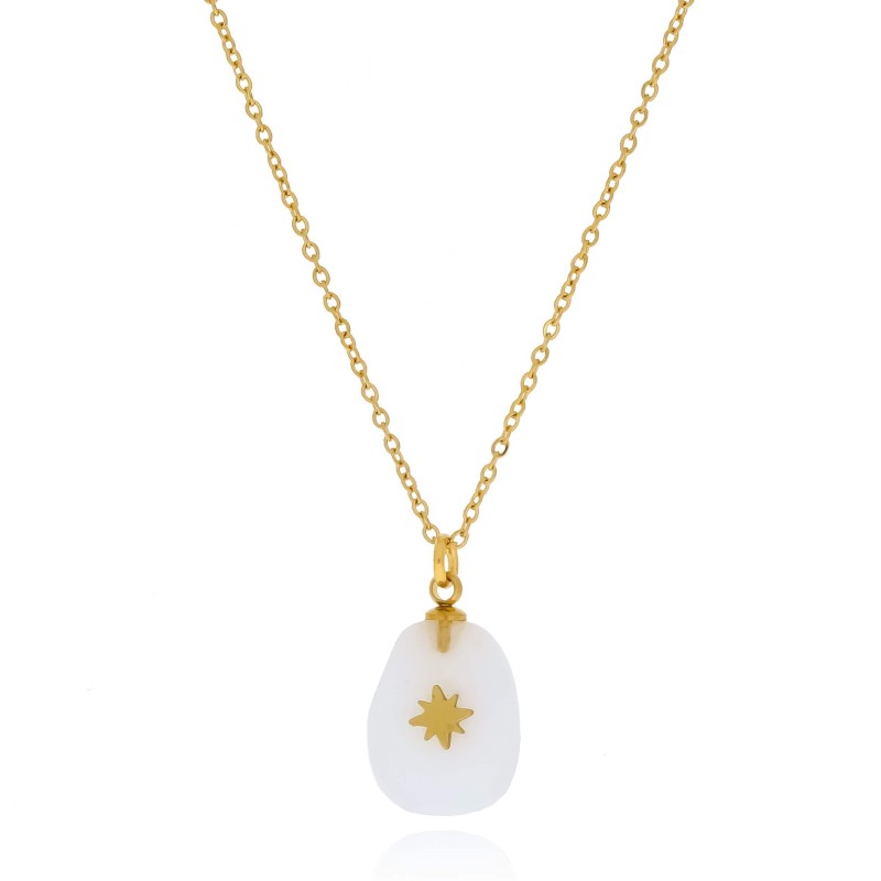 Naszyjnik z gwiazdką i kryształem górskim mlecznym stal chirurgiczna