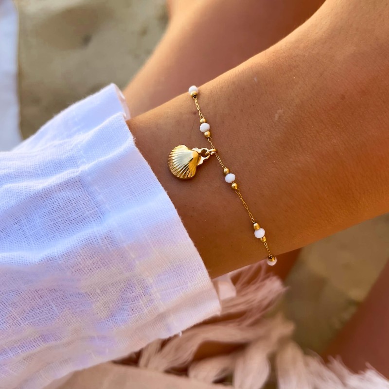 Bransoletka z muszelką  ze stali  kamienie naturalne agat