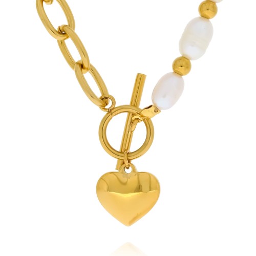 Naszyjnik perły chodowlane  serce stal łańcuch kolor złoty kamień 