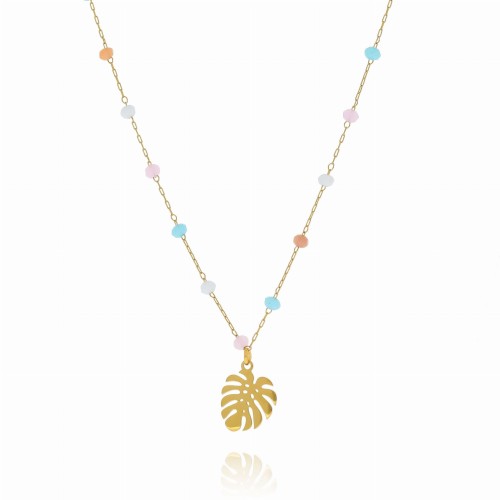 Naszyjnik z liściem monstery ze stali różowe koraliki